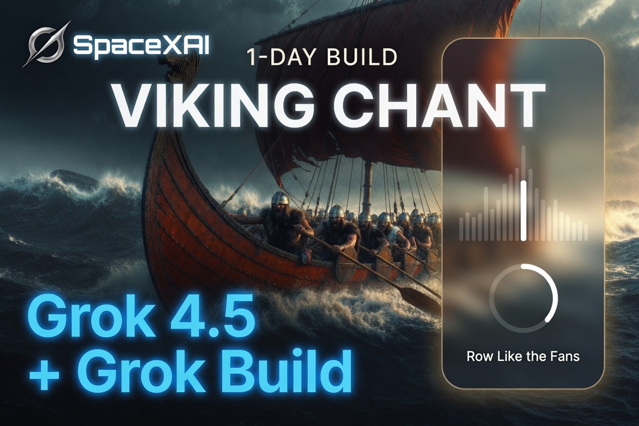 Viking Chant 1-Day Build art featuring Grok 4.5 + Grok Build